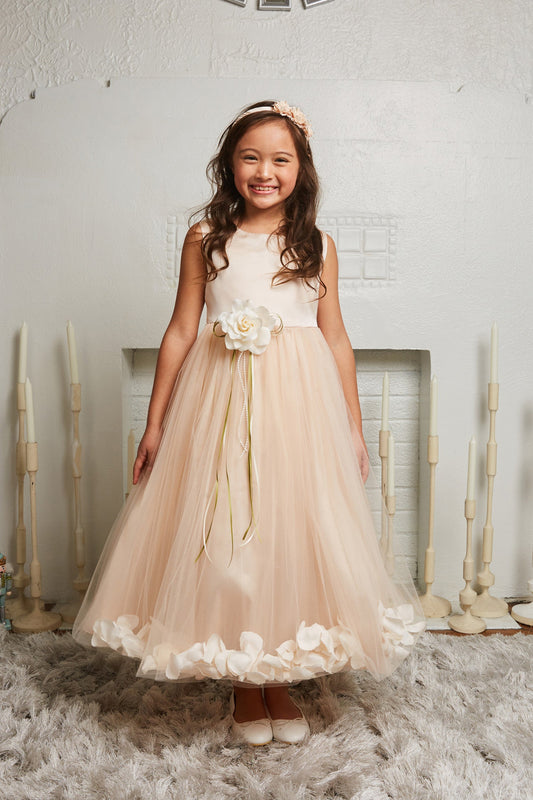 160B Blush Satin Flower Petal Girl Dress with Plus Sizes
