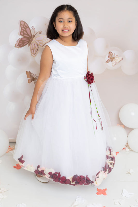 160B+ White Satin Flower Petal Plus Size Girl Dress