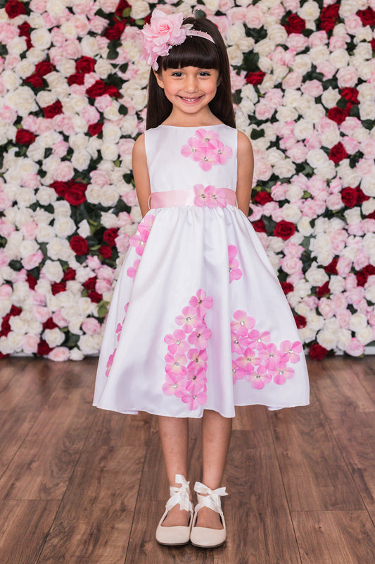 204-F Shantung Girls Dress Decorated with Flower Petals