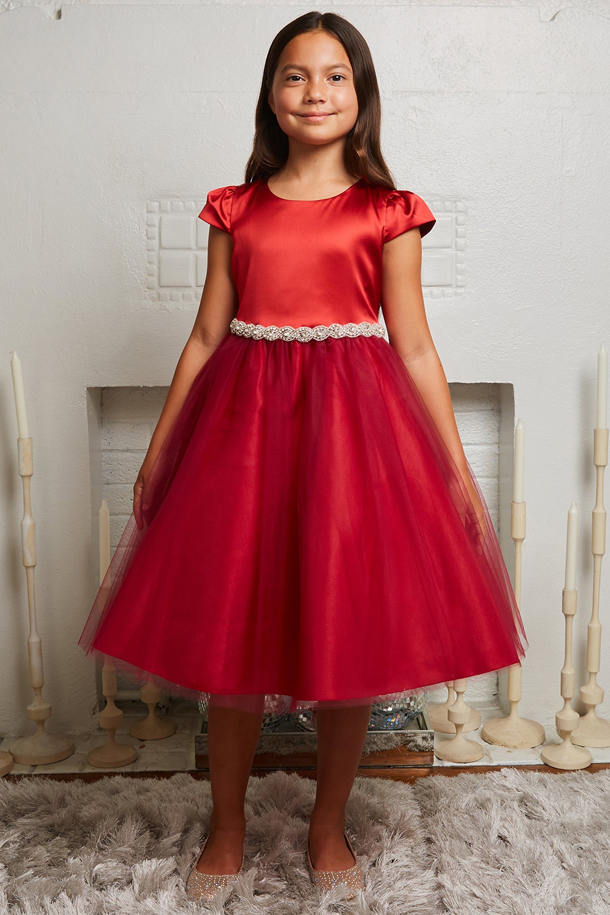 452 Capped Sleeve Satin & Tulle Girls Dress with Plus Sizes