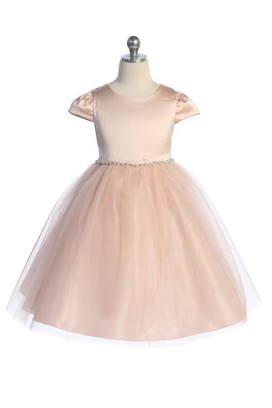 452-G Capped Sleeve Satin & Tulle Girls Dress with Wavy Rhinestone & Pearl Trim and Plus Sizes