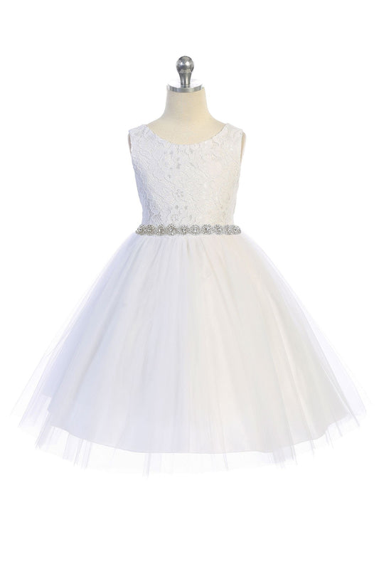 456-A Lace Illusion Girls Dress with Rhinestone Trim