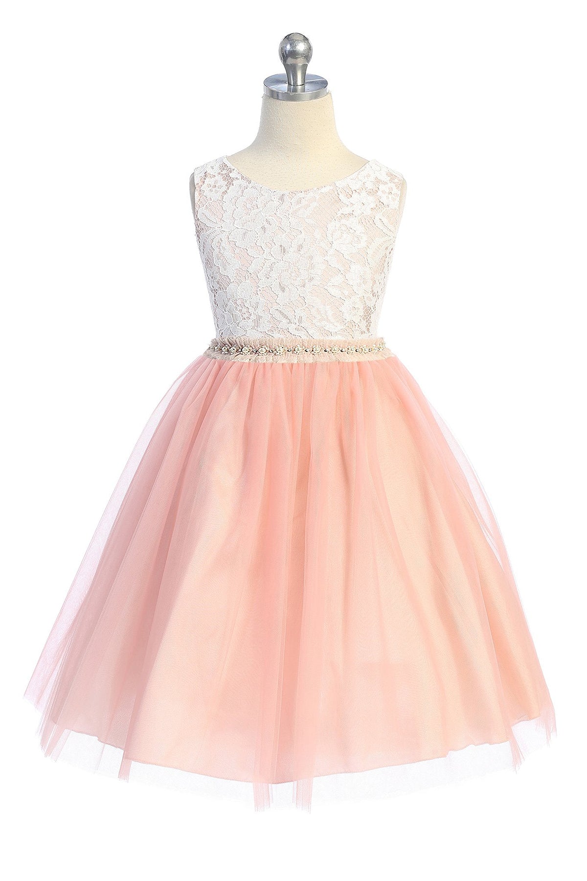 456-B Lace Illusion Girls Dress with Mesh Pearl Trim