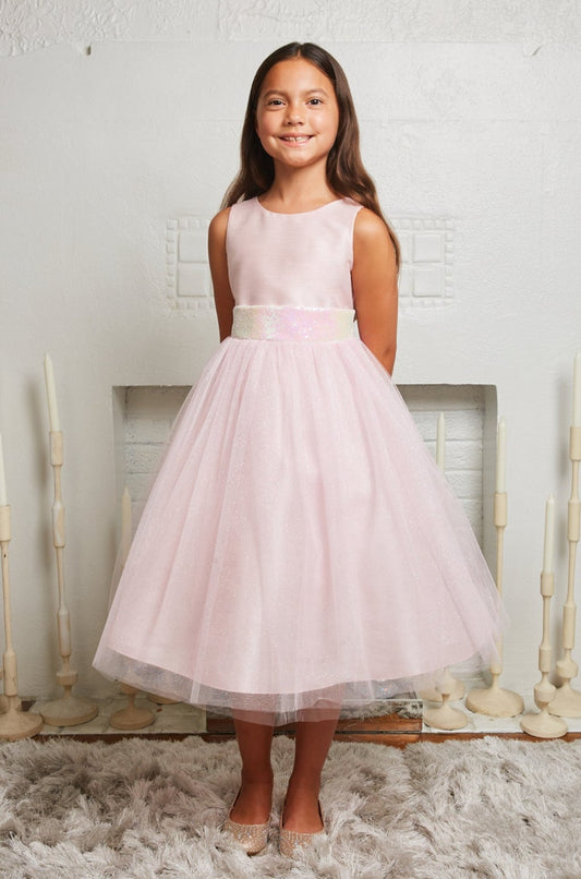498 Pink/Iridescent Sequins V Back & Bow Girls Dress with Plus Sizes