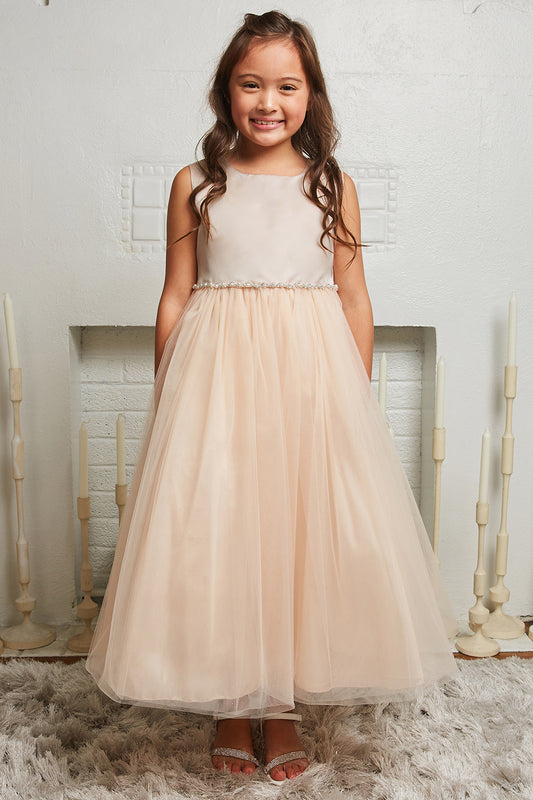 538-G Satin Top Girls Dress with Wavy Rhinestone & Pearl Trim and Plus Sizes
