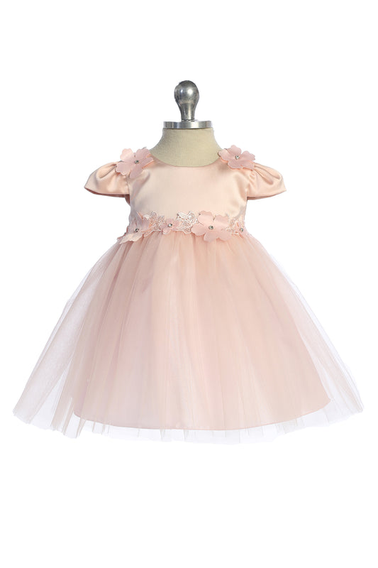 562B Capped Sleeve Satin & Tulle Baby Dress with Floral Trim