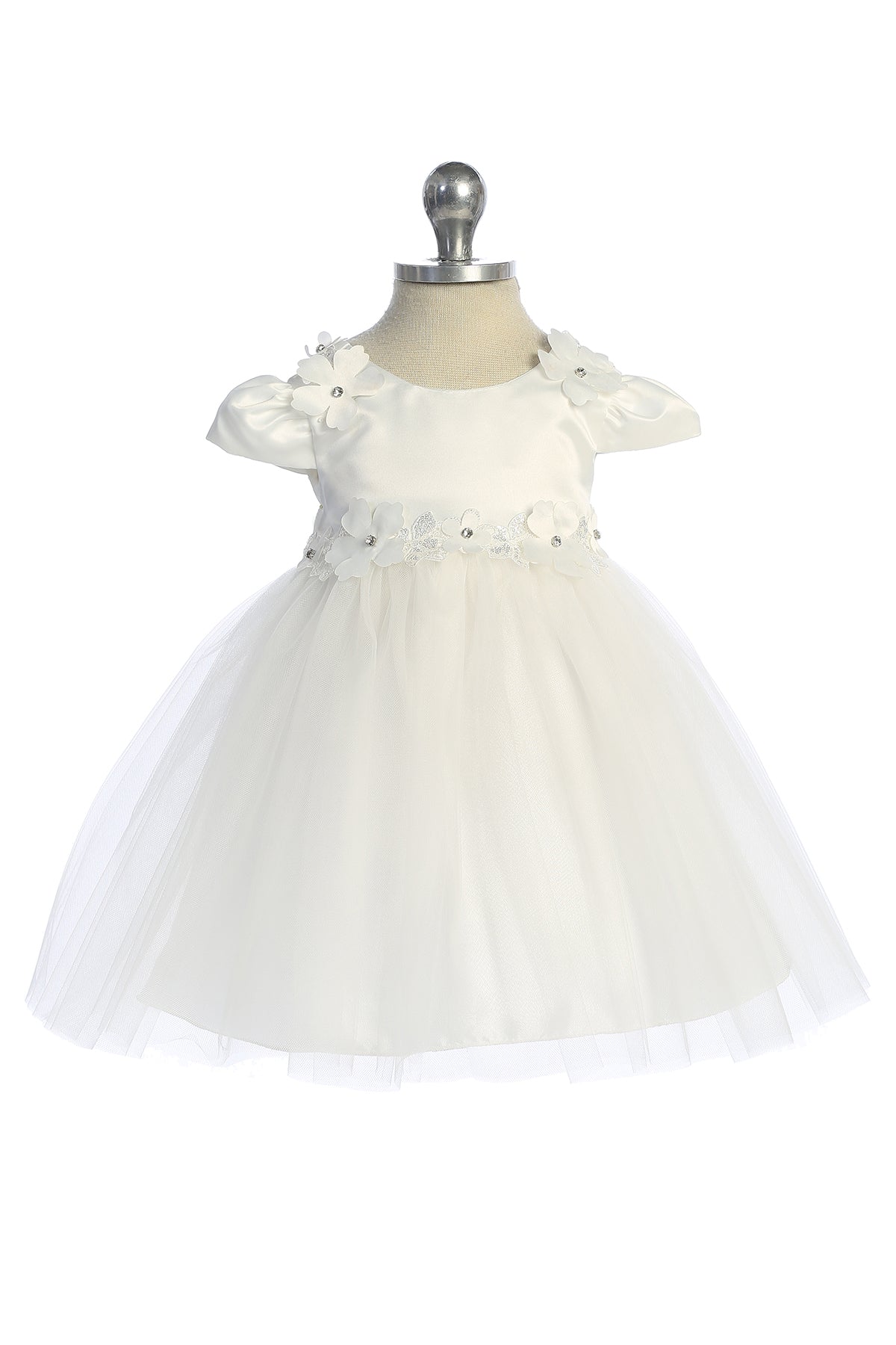 562B Capped Sleeve Satin & Tulle Baby Dress with Floral Trim