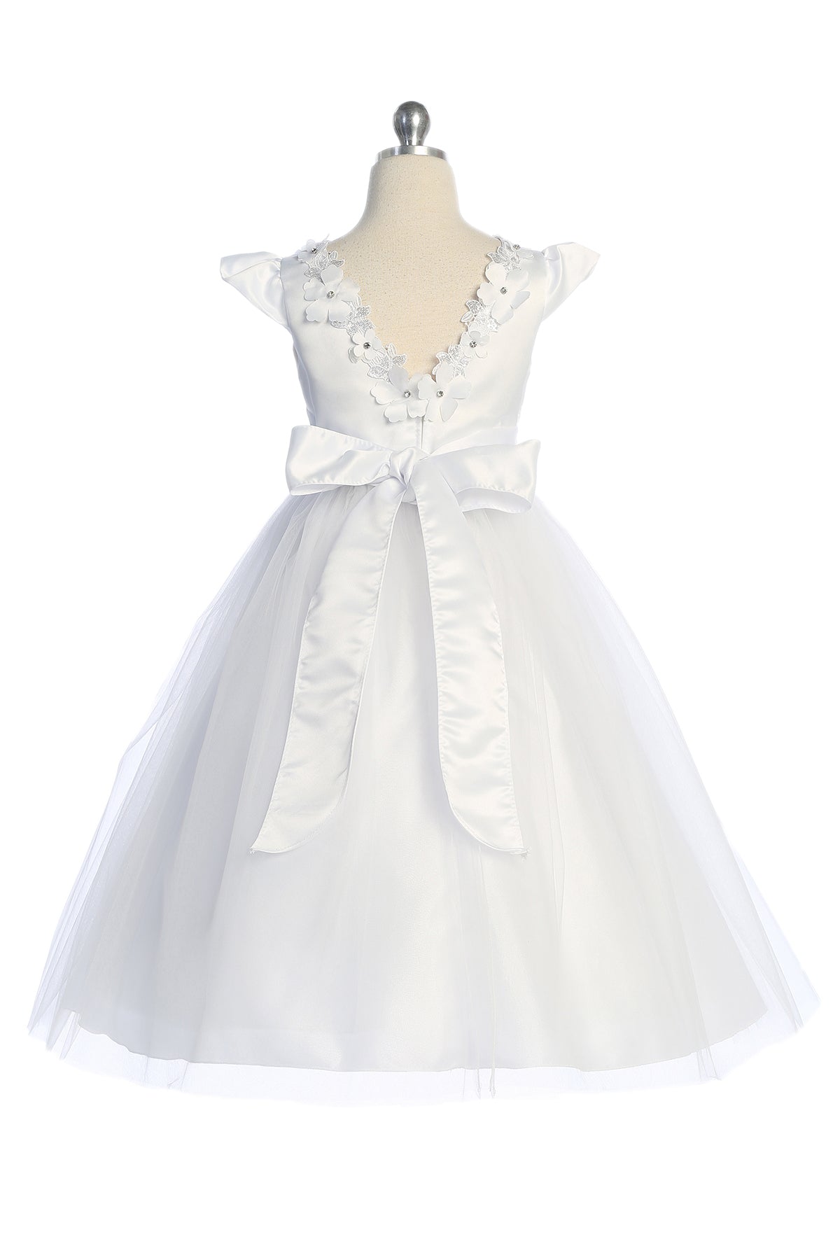 562 Capped Sleeve Satin & Tulle Girls Dress with Floral Trim and Plus Sizes