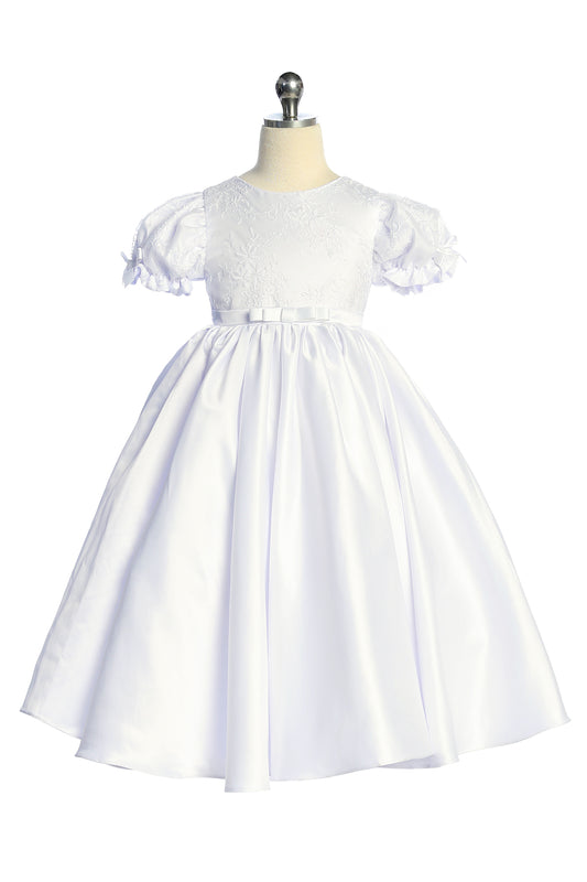 C501 Satin Babydoll Embroidered Puff Sleeve Full Girls Dress with Plus Sizes