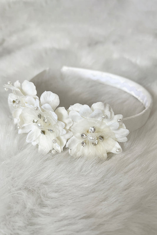 HB018 Satin Headband with Flowers and Gems