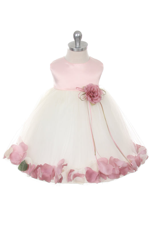 195B Dusty Rose Top Satin Flower Petal Baby Dress