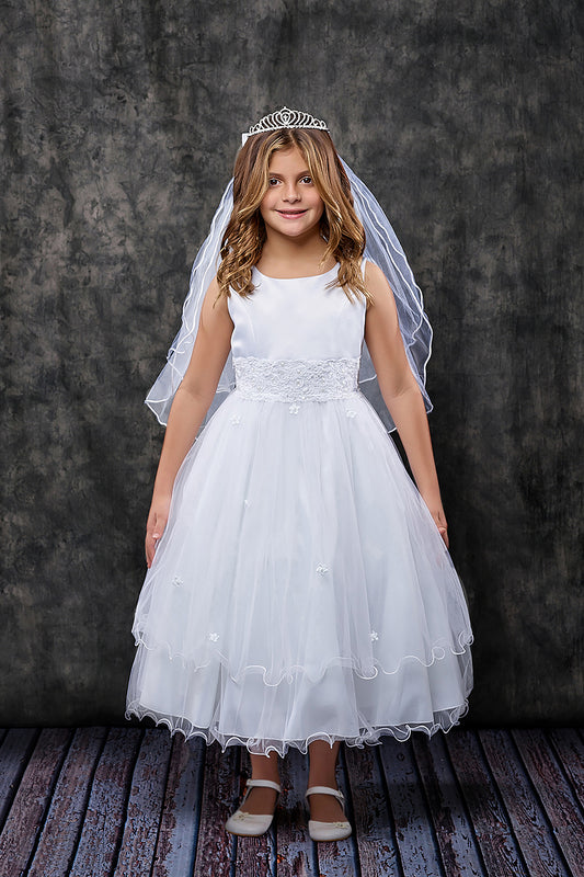 198 Lace Trim Long Tulle Girls Dress