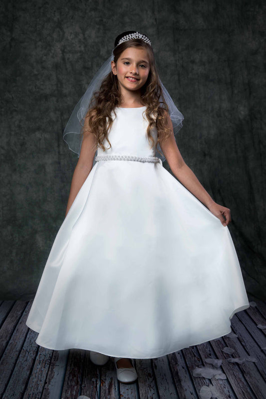 386 Long Satin Pearl Trim Girls Communion Dress with Plus Sizes