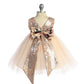 520B Vintage Rose Floral/Rose Gold Sequin V Back & Bow Baby Dress