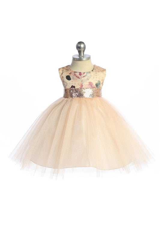 520B Vintage Rose Floral/Rose Gold Sequin V Back & Bow Baby Dress