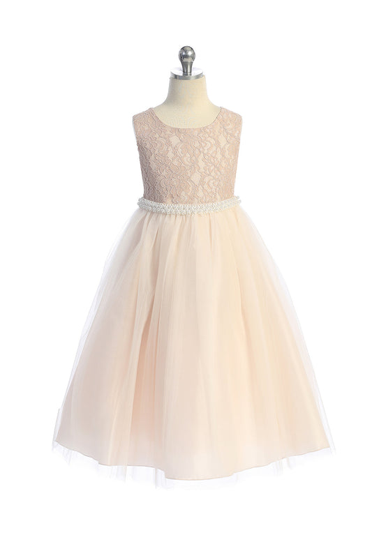 524-C Long Lace Illusion Girls Dress with Thick Pearl Trim