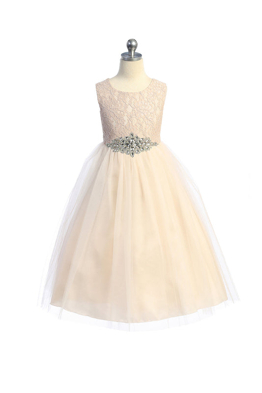 524-D Long Lace Illusion Girls Dress with Diamond Shape Rhinestone Trim