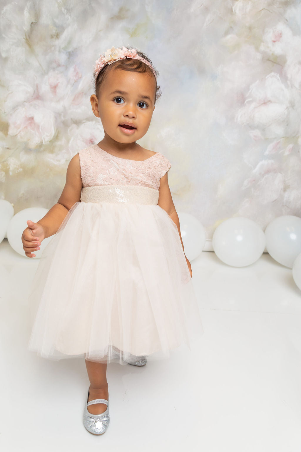 522B Lace Sequin V Back & Bow Baby Dress