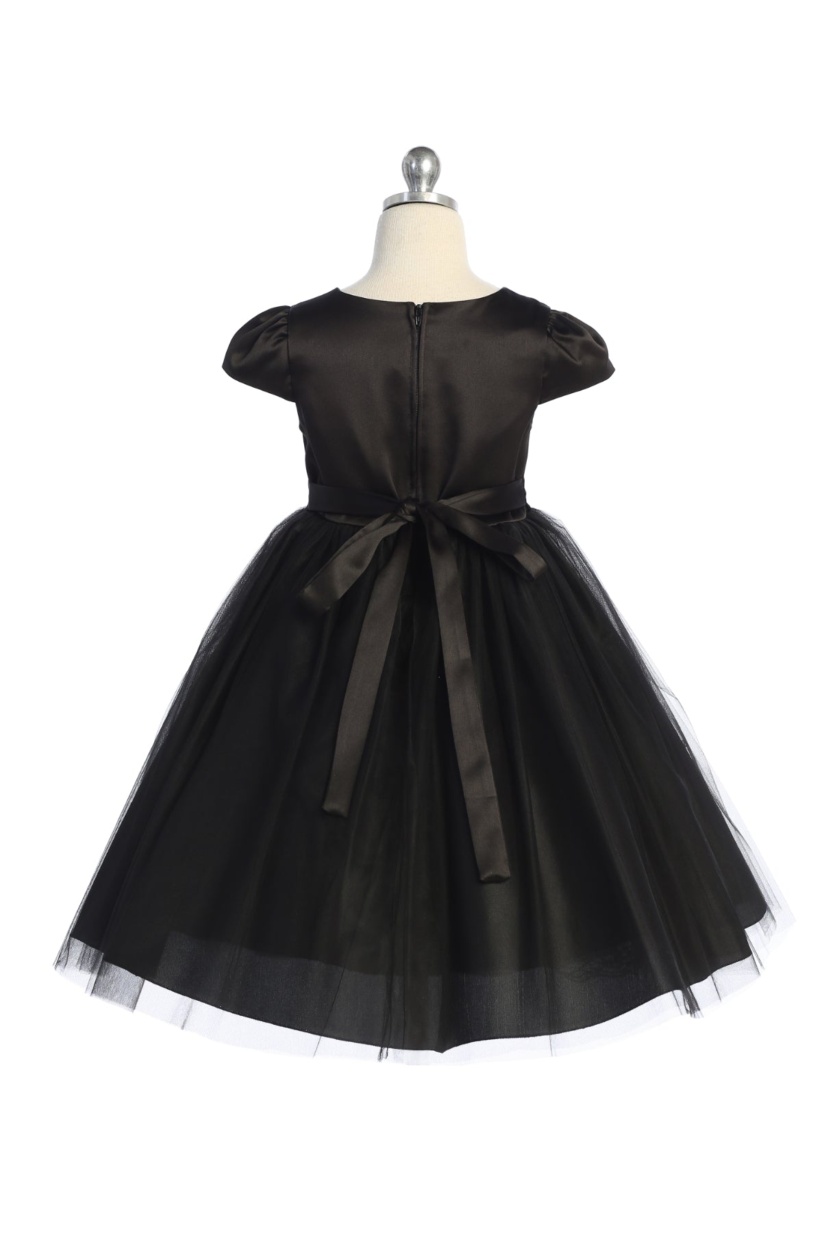 452-A Capped Sleeve Satin & Tulle Girls Dress with Rhinestone Trim and Plus Sizes