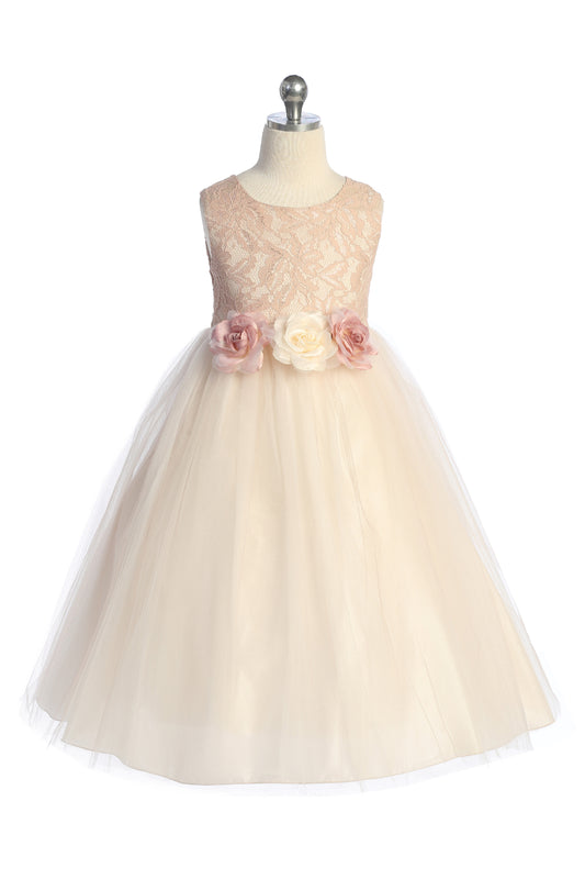 524-F Long Lace Illusion Girls Dress with Flowers