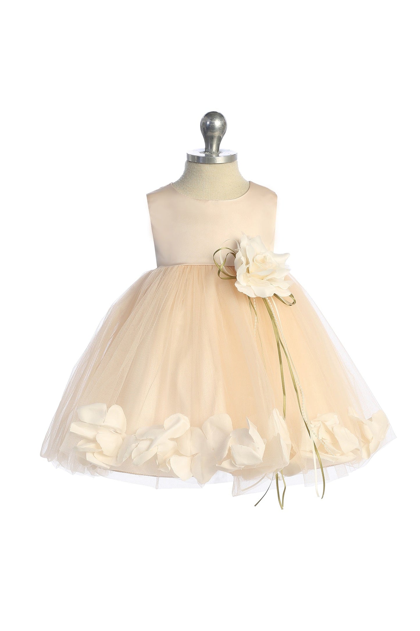 195B Blush Satin Flower Petal Baby Dress