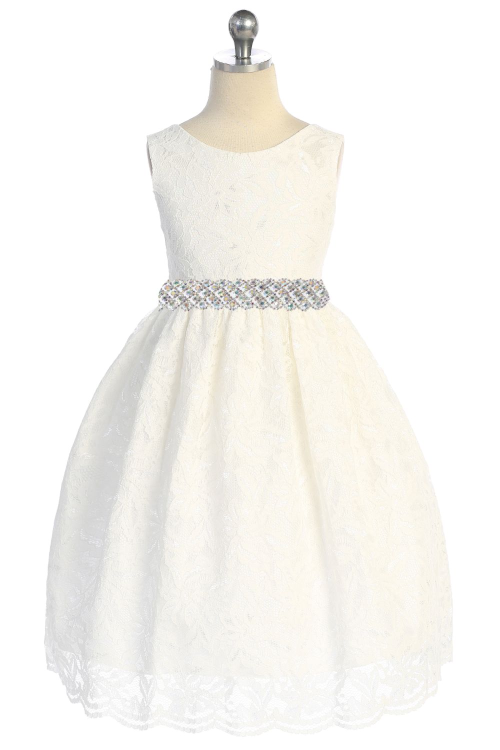 526-E All Lace Girls Dress with V Back & Bow and Thick Rhinestone Trim and Plus Sizes
