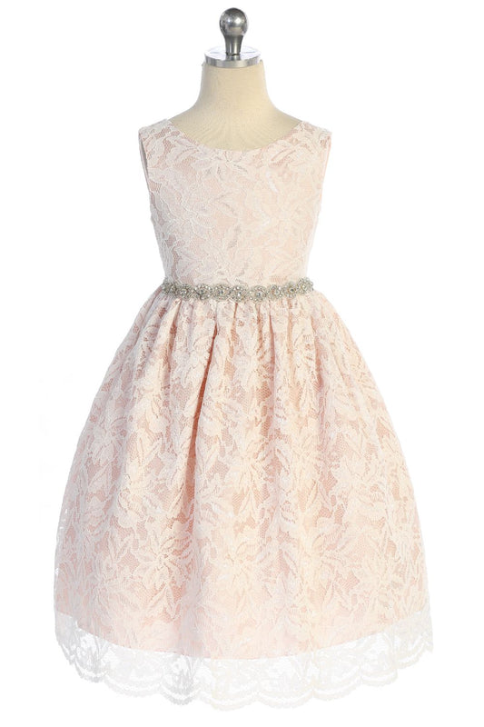 526-A All Lace Girls Dress with V Back & Bow and Rhinestone Trim and Plus Sizes