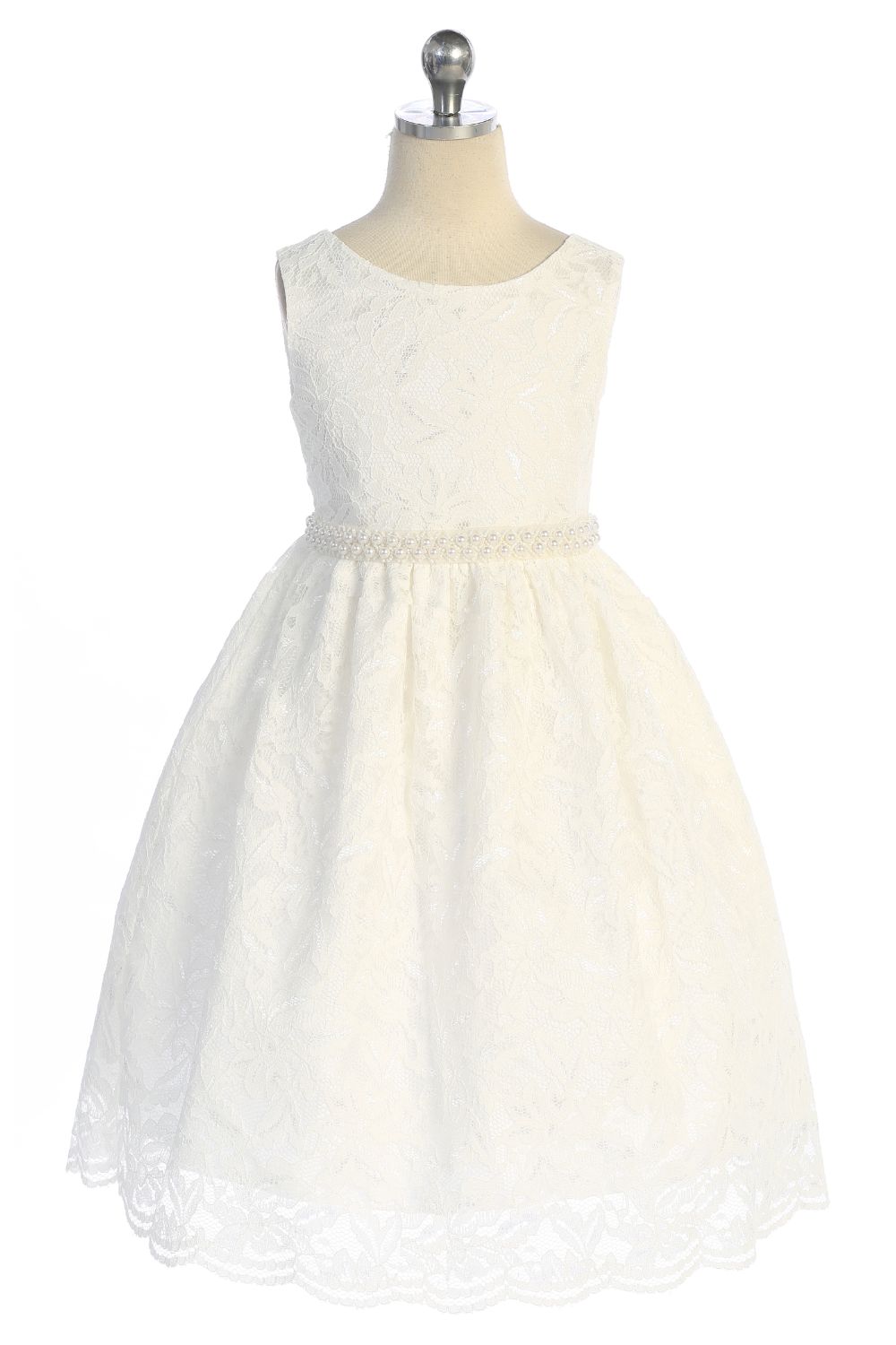 526-C All Lace Girls Dress with V Back & Bow and Thick Pearl Trim and Plus Sizes