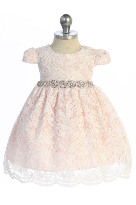 532-A All Lace Baby Dress with V Back & Bow and Rhinestone Trim