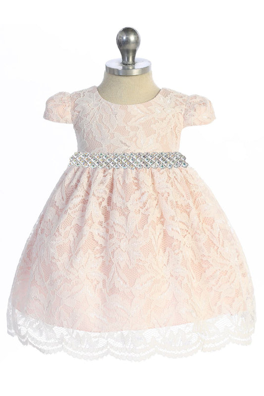 532-E All Lace Baby Dress with V Back & Bow and Thick Rhinestone Trim