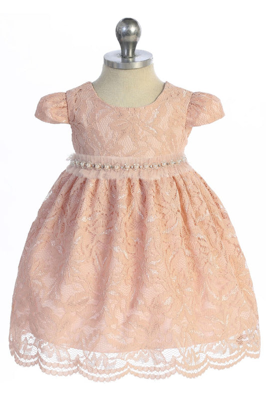 532-B All Lace Baby Dress with V Back & Bow and Mesh Pearl Trim