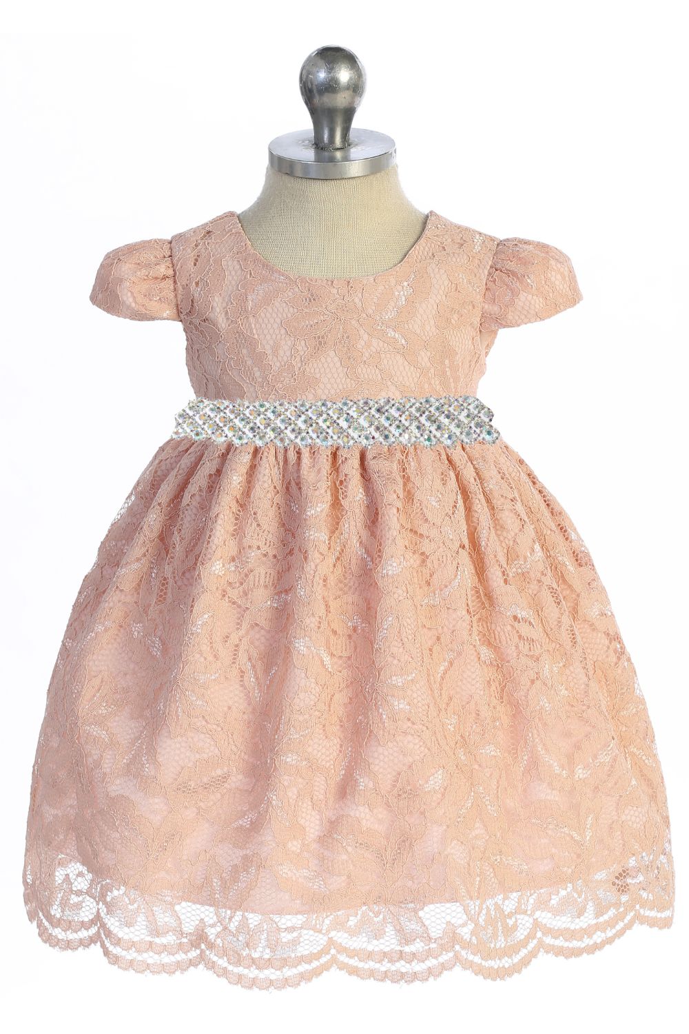 532-E All Lace Baby Dress with V Back & Bow and Thick Rhinestone Trim