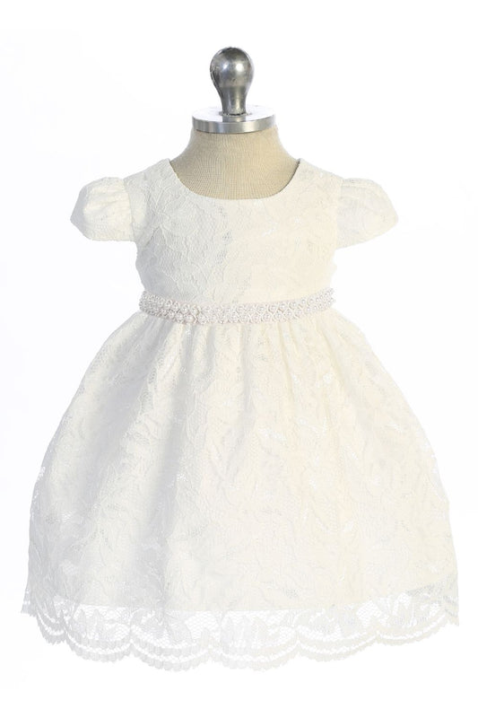 532-C All Lace Baby Dress with V Back & Bow and Thick Pearl Trim
