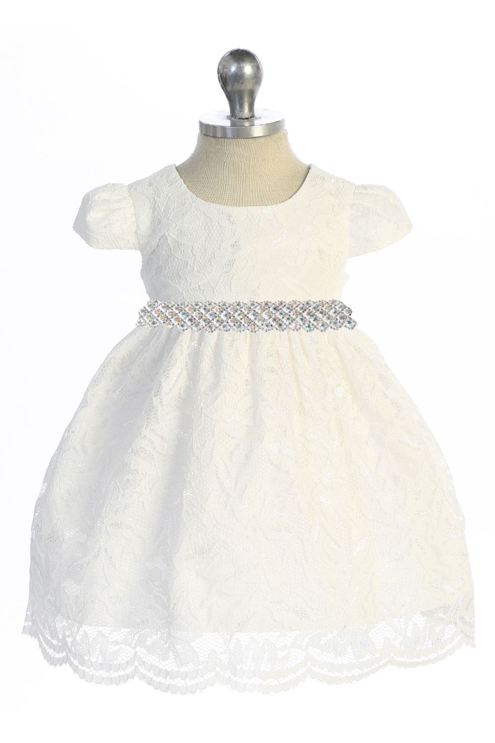 532-E All Lace Baby Dress with V Back & Bow and Thick Rhinestone Trim