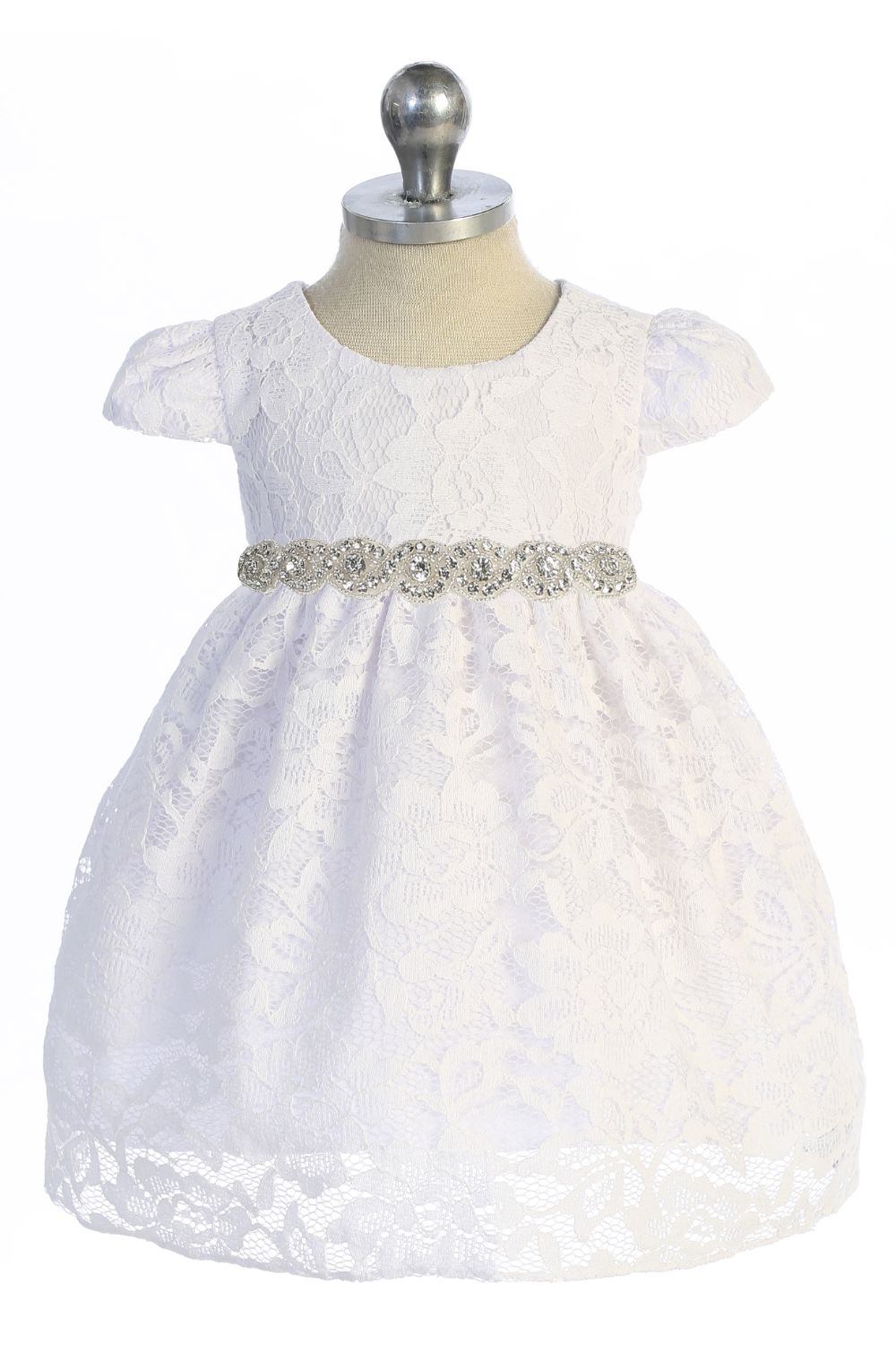 532-A All Lace Baby Dress with V Back & Bow and Rhinestone Trim