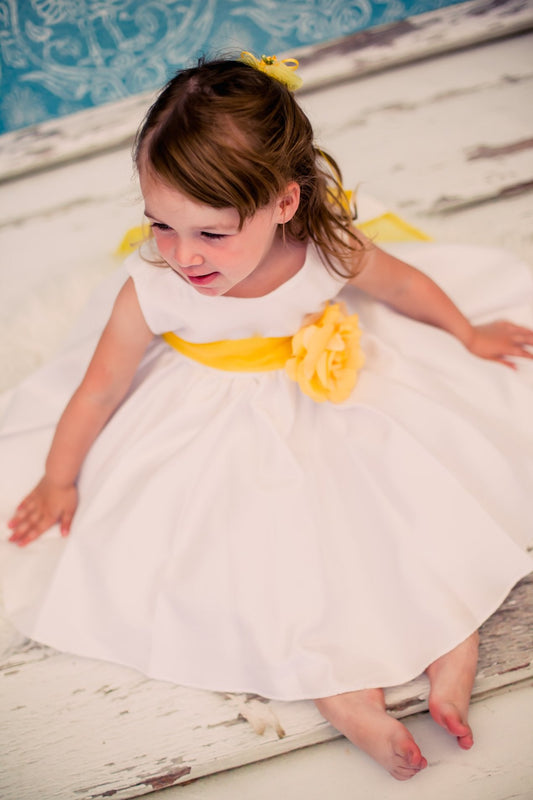 Dress - Poly Silk Organza Sash Classic Baby Dress (White Dress)