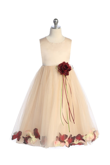 160B Blush Satin Flower Petal Girl Dress with Plus Sizing