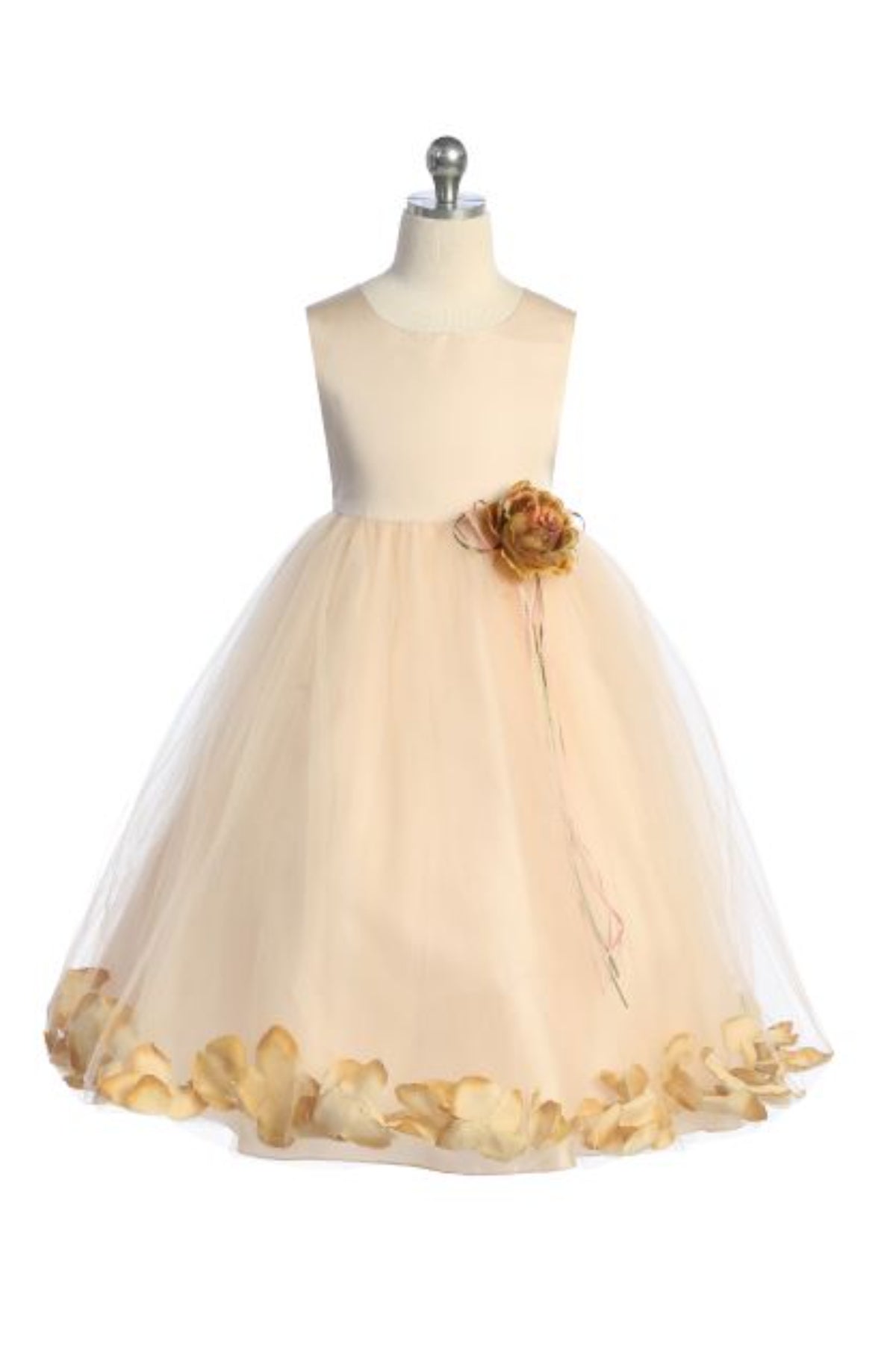 160B Blush Satin Flower Petal Girl Dress with Plus Sizing