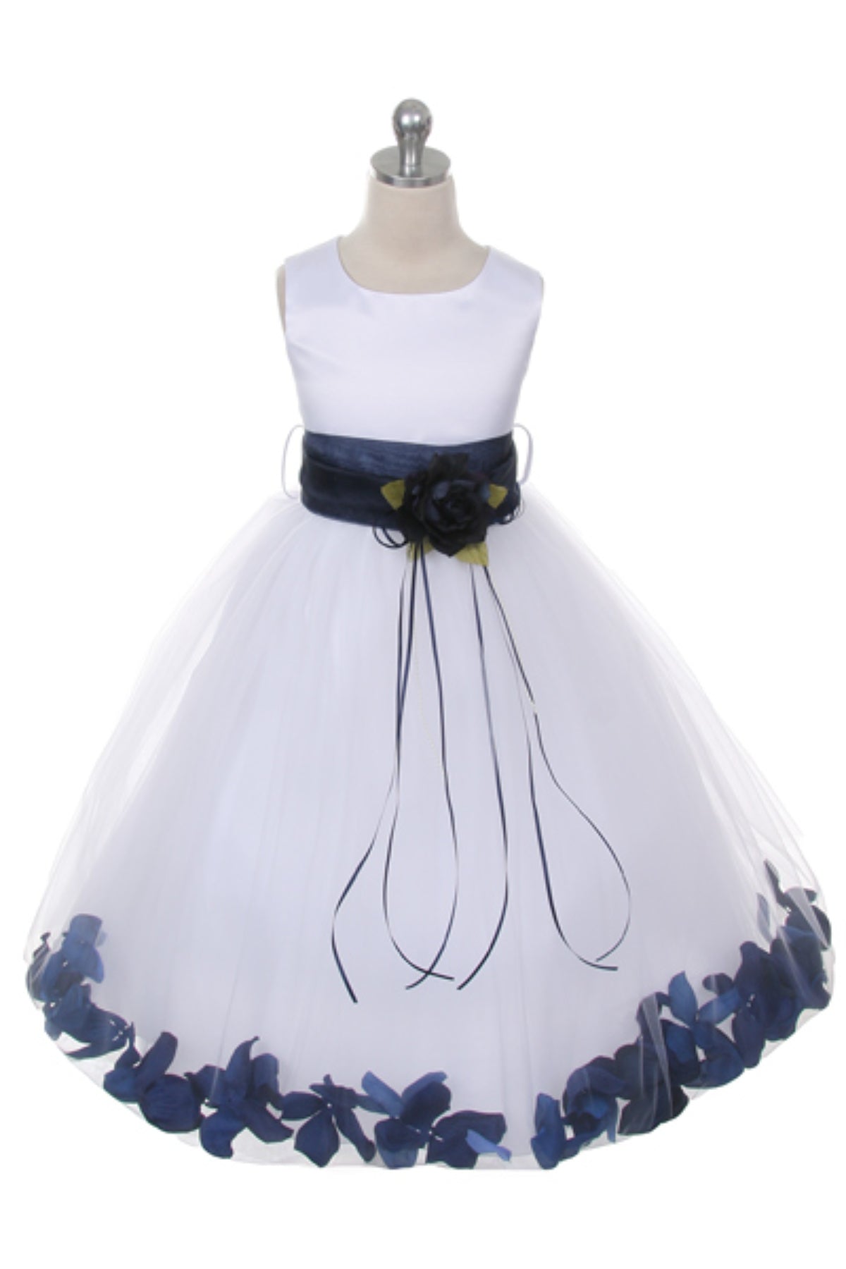 White flower fashion girl dress with navy blue sash