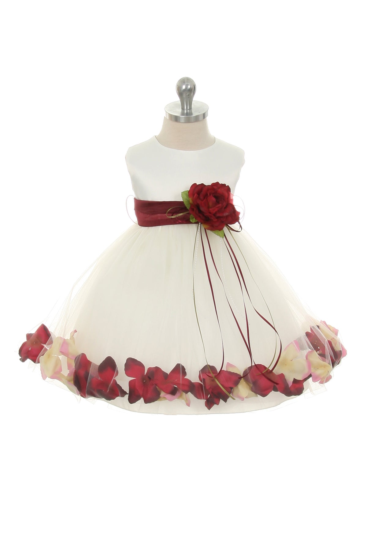 195B[SASH] White Satin Flower Petal Baby Dress with Organza Sash