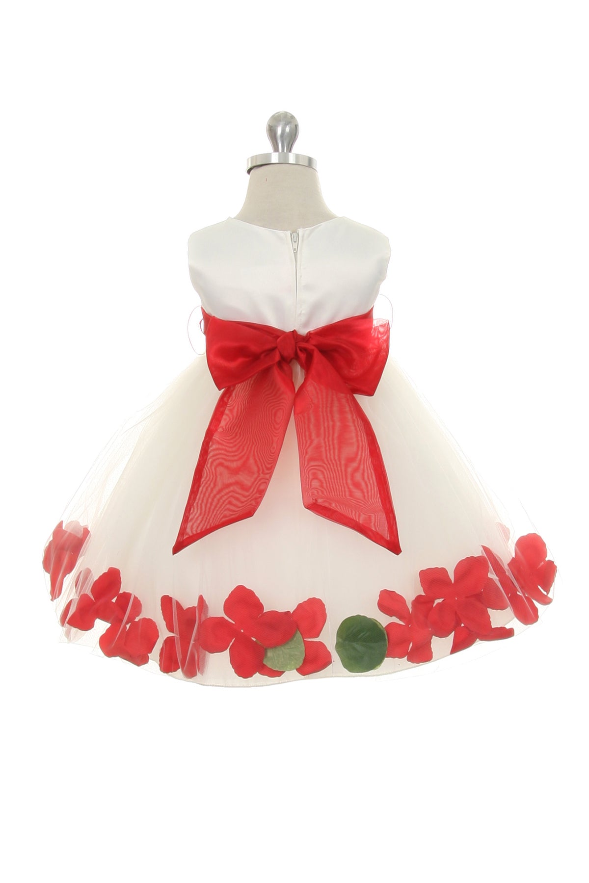 195B[SASH] White Satin Flower Petal Baby Dress with Organza Sash