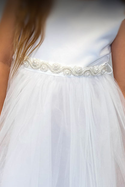 411S Pearl Rhinestone Satin & Tulle Girls Dress