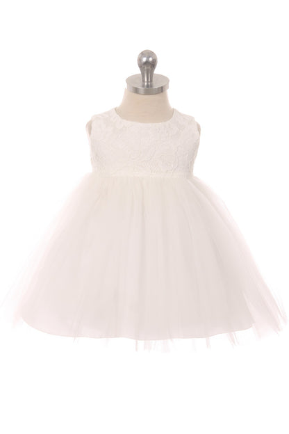 414B-F Lace Illusion Baby Dress with 3 Mesh Flowers
