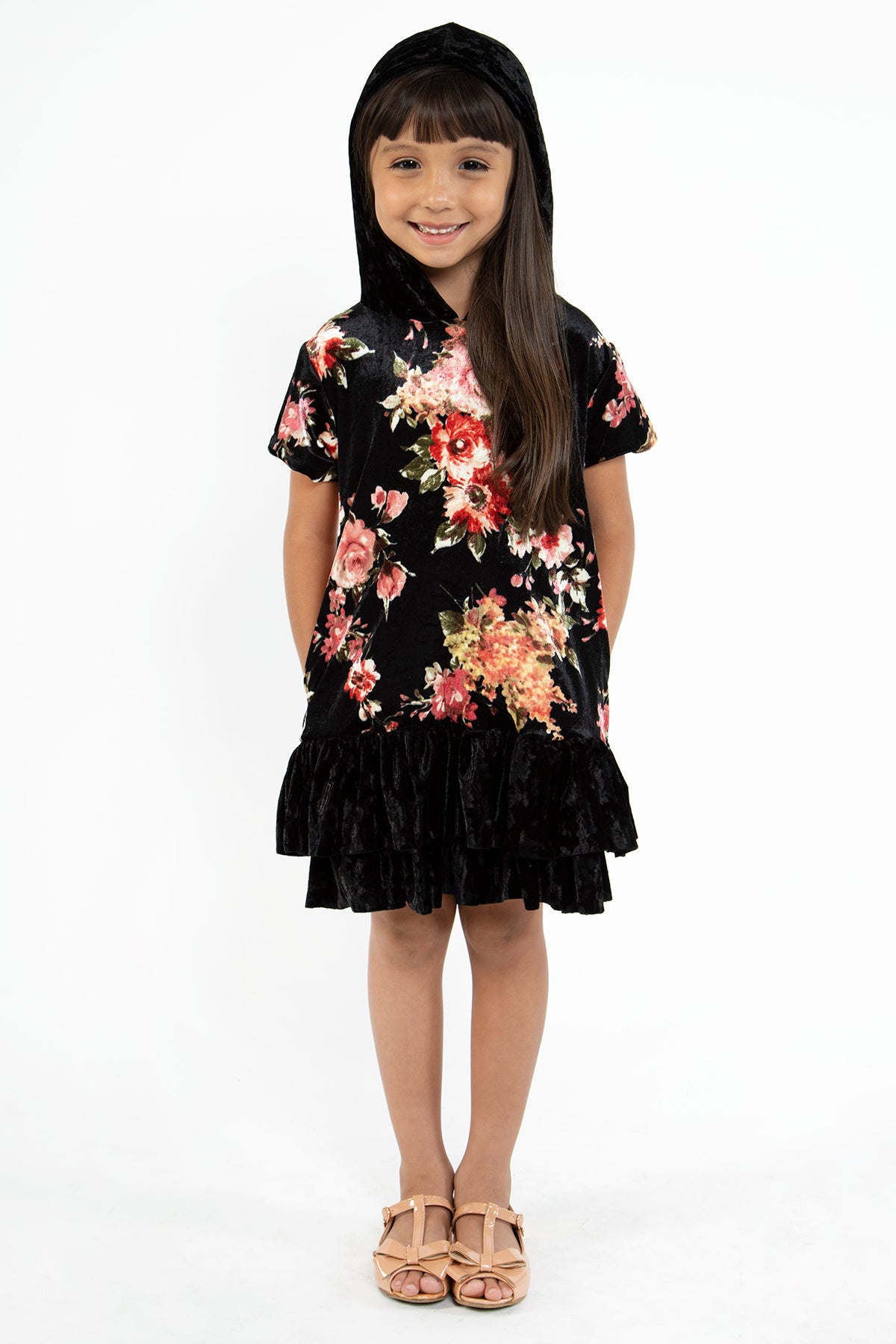 432F Floral Velvet Hoodie Ruffle Girls Dress with Plus Sizes