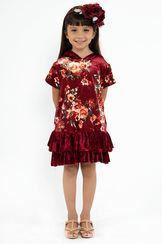 432F Floral Velvet Hoodie Ruffle Girls Dress with Plus Sizes