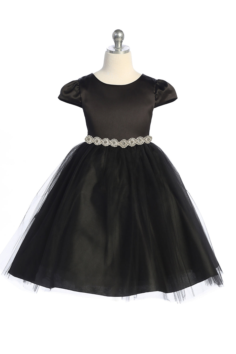 452-A Capped Sleeve Satin & Tulle Girls Dress with Braided Rhinestone Trim and Plus Sizes