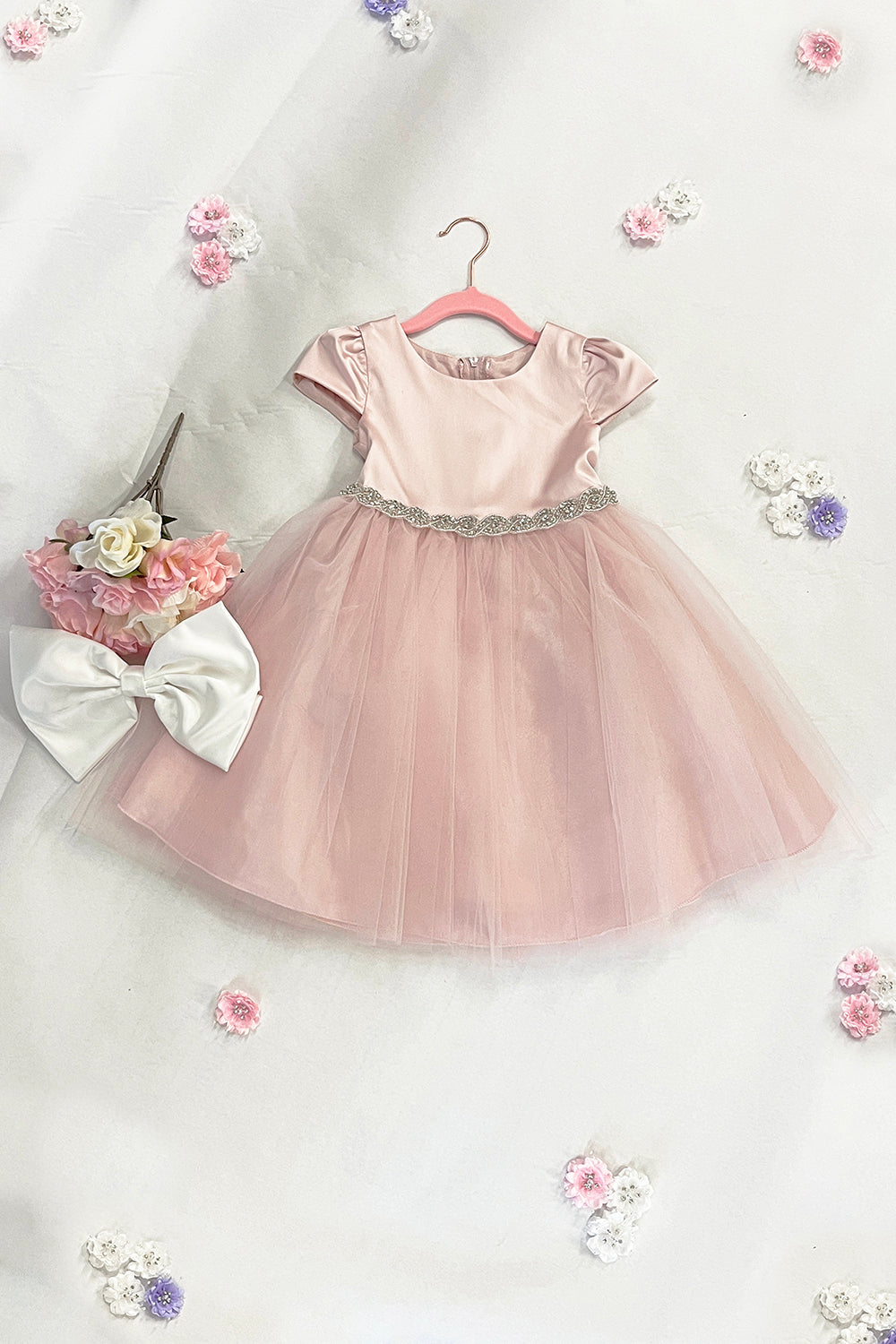 452-A Capped Sleeve Satin & Tulle Girls Dress with Braided Rhinestone Trim and Plus Sizes