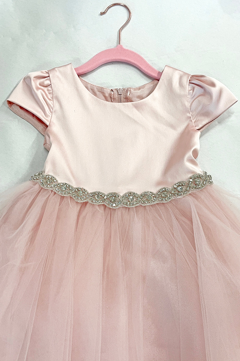 452-A Capped Sleeve Satin & Tulle Girls Dress with Braided Rhinestone Trim and Plus Sizes