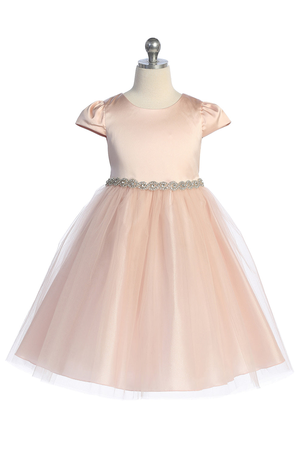 452-A Capped Sleeve Satin & Tulle Girls Dress with Braided Rhinestone Trim and Plus Sizes