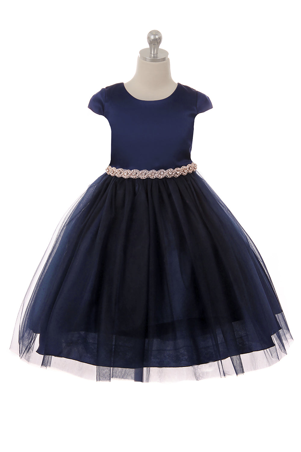 452-A Capped Sleeve Satin & Tulle Girls Dress with Braided Rhinestone Trim and Plus Sizes